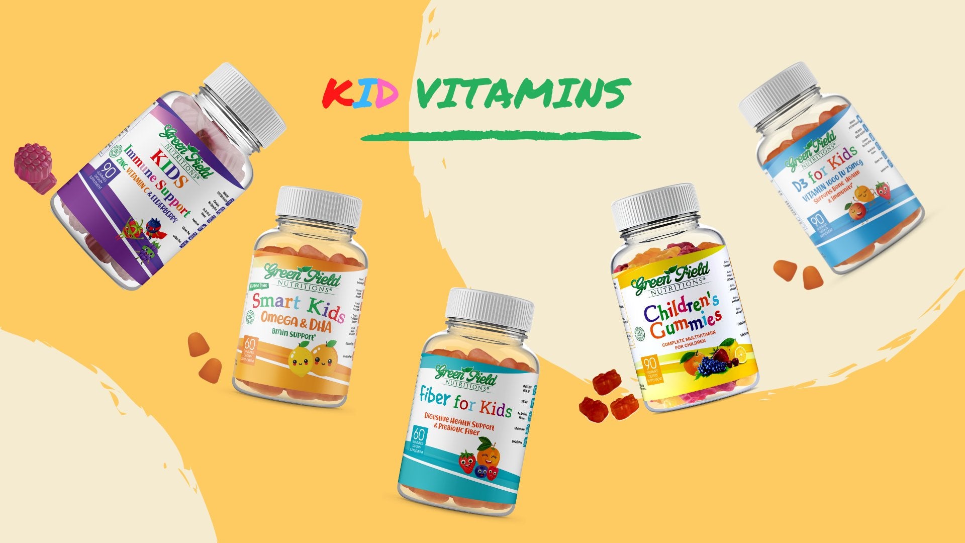 Halal Vitamins for Kids including Multivitamins for Kids, Halal vitamin D3 for Kids, Halal Vitamin C and Z for Kids and Fiber for Kids