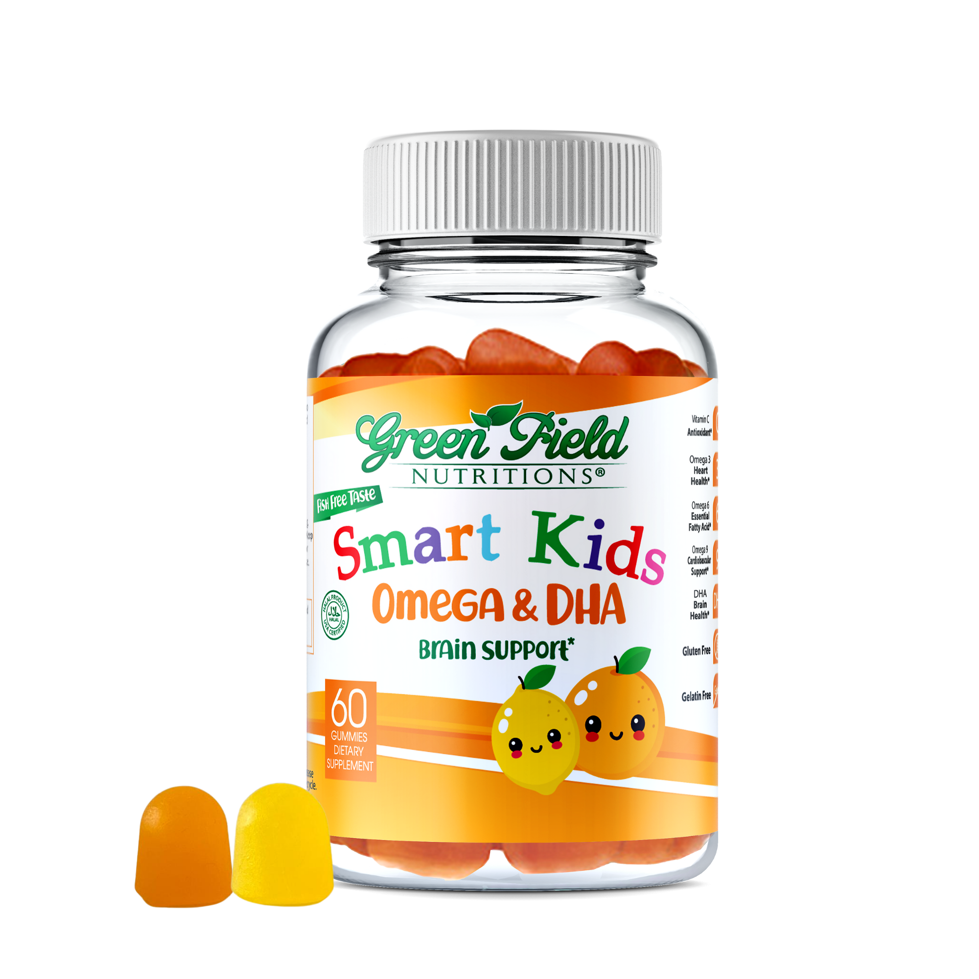 Greenfield Nutritions - Halal Omega with DHA for Kids - Support Brain Development-Gelatin Free and Gluten Free, 60 Gummies
