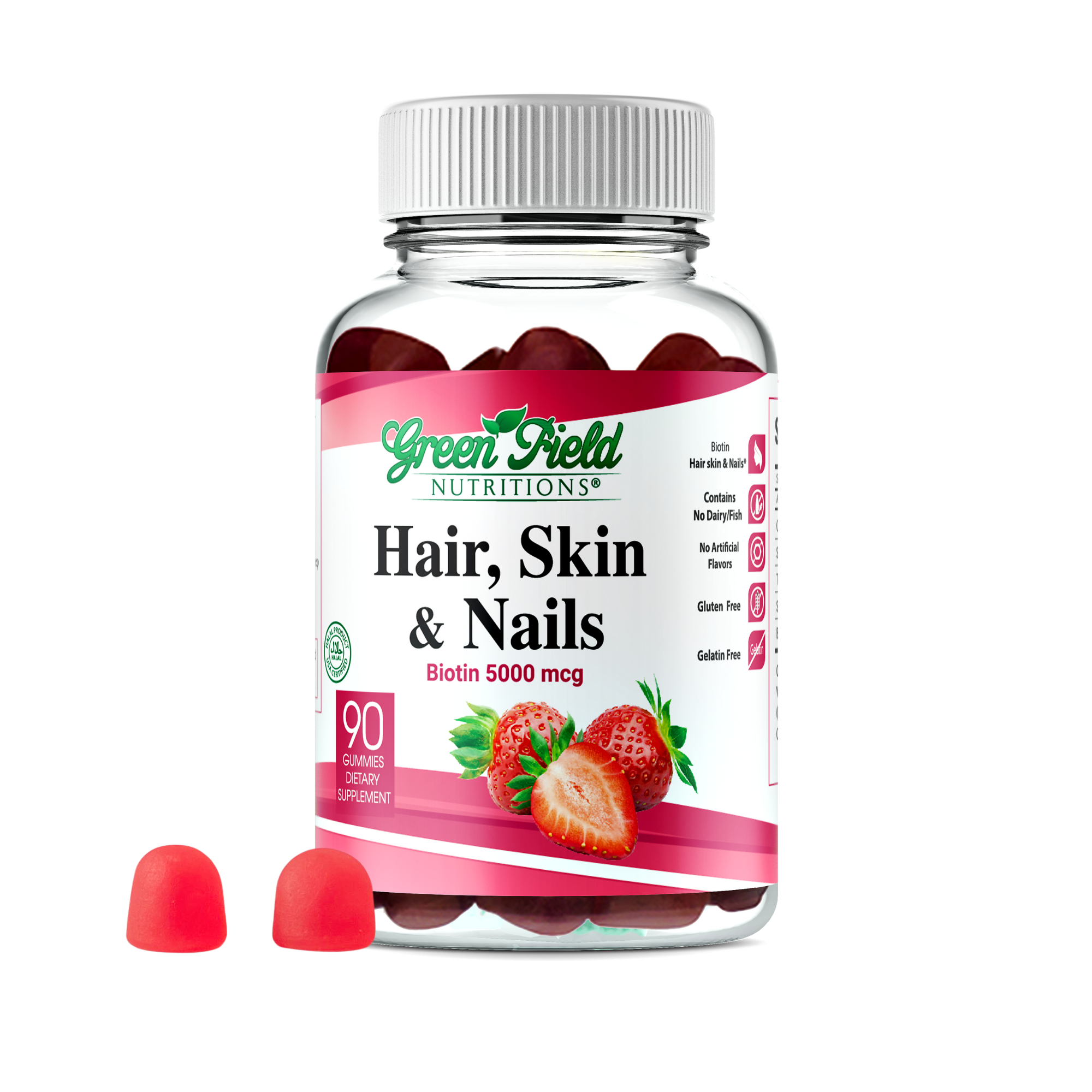 Greenfield Nutritions - Halal Gummies Hair, Skin and Nails Vitamins (5000 mcg Halal Biotin Gummy) , Gelatin Free, Non-GMO, and Gluten Free - 90 Gummies