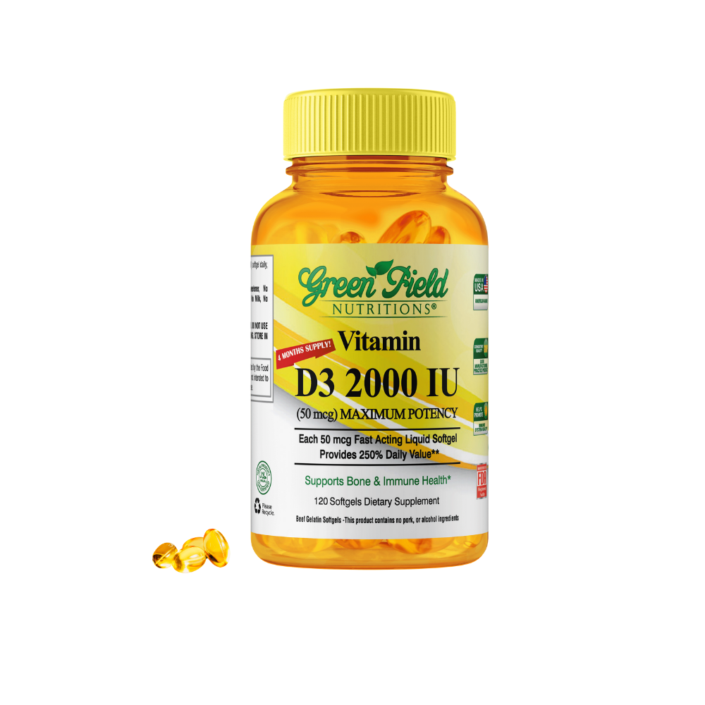Greenfield Nutritions - Halal Gelatin free vitamins D3 2000 IU - Immunity and Bone Supports - 120 Softgels - Halal Beef Gelatin