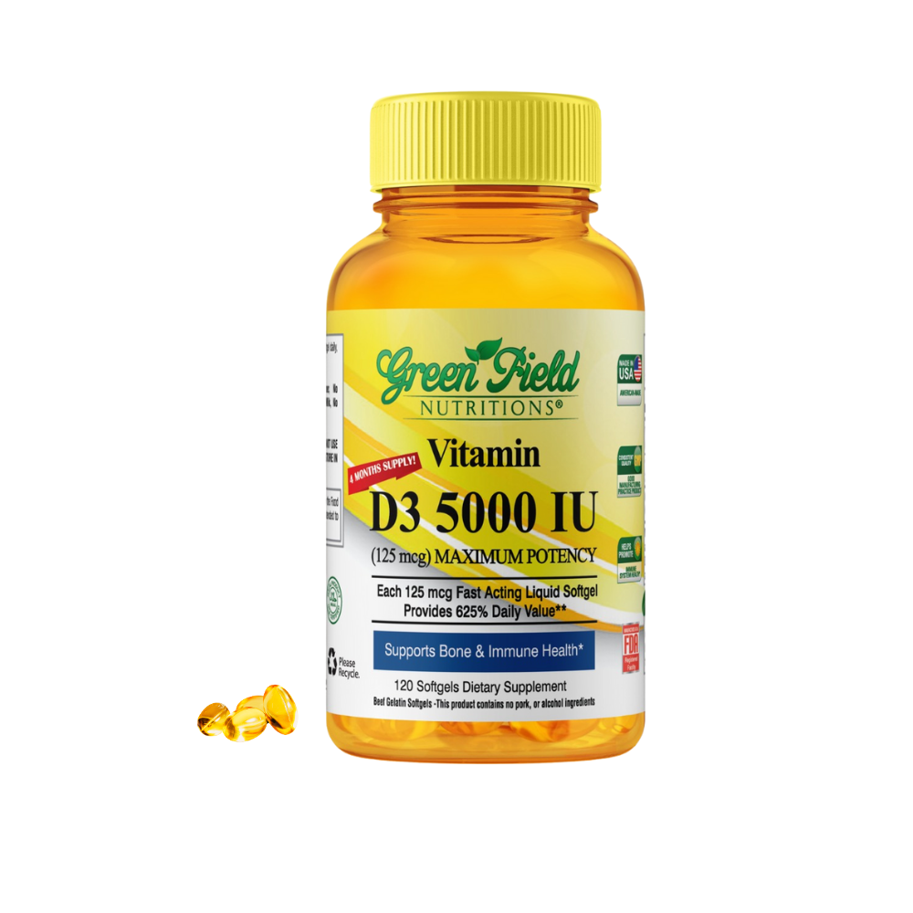 Greenfield Nutritions - Halal Vitamin D3 5000 IU - Immunity and Bone Supports - 120 Softgels - Halal Beef Gelatin