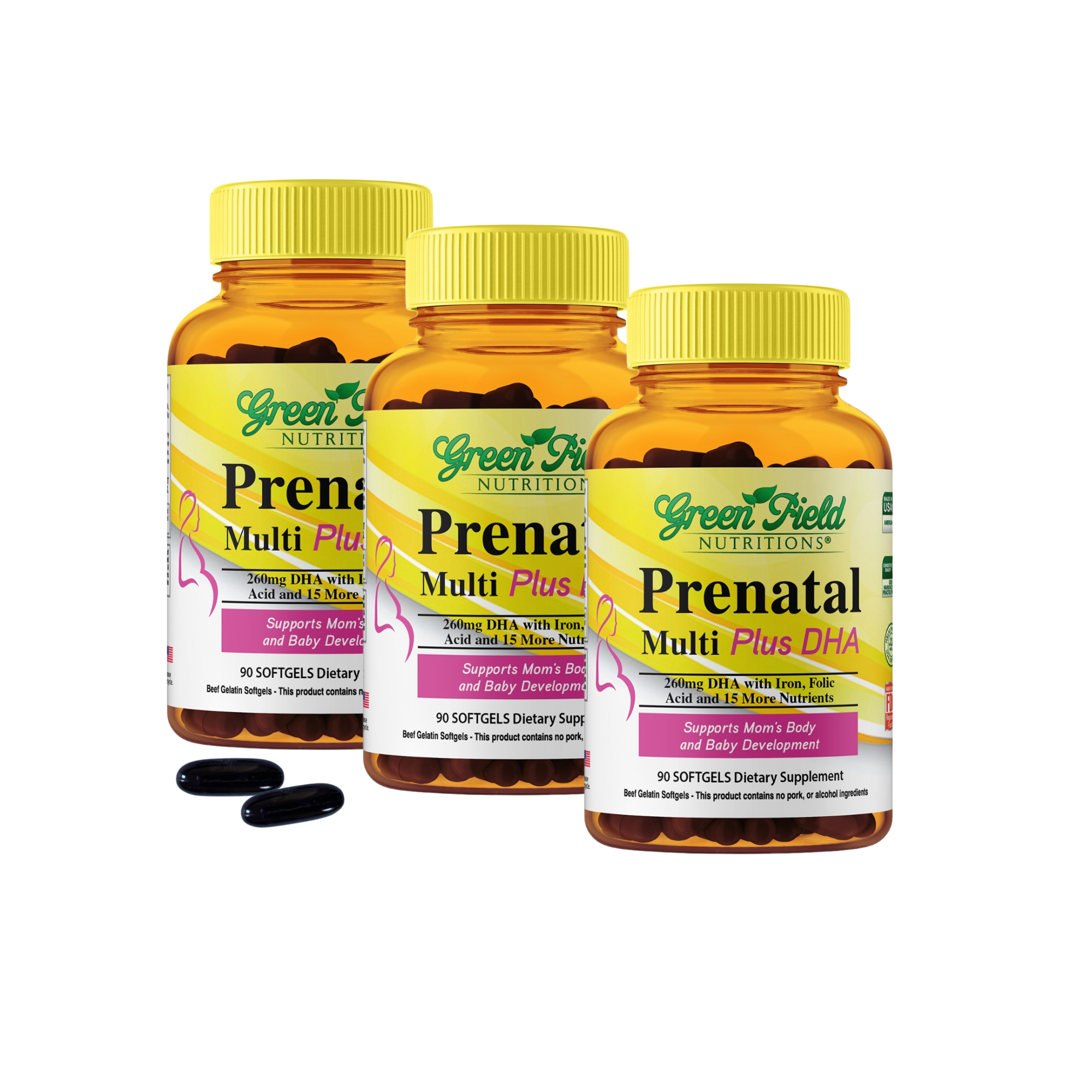 Greenfield Nutritions - Halal Prenatal Multi-vitamins with Minerals, 300mg DHA, 800 mcg Folic Acid and Iron, Easy to Swallow - 90 Liquid Soft gel