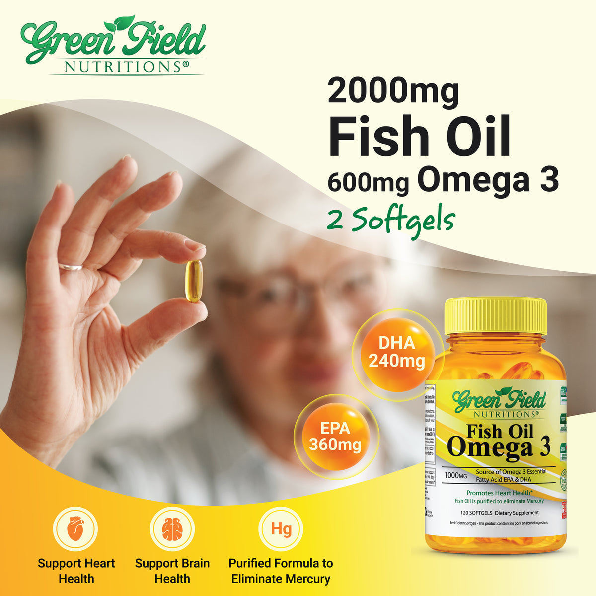 Sales from Greenfield Nutritions - Halal Fish Oil 1000mg, 120 Softgels, Omega 3 300mg - Contains 180 EPA and 120mg DHA, Halal Vitamins Made from Halal Gelatin