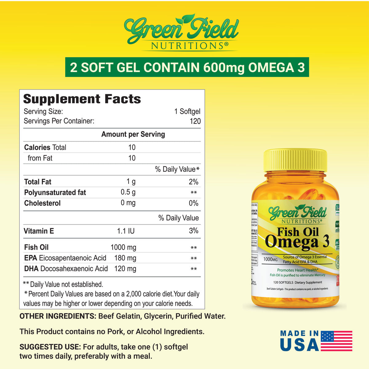 Sales from Greenfield Nutritions - Halal Fish Oil 1000mg, 120 Softgels, Omega 3 300mg - Contains 180 EPA and 120mg DHA, Halal Vitamins Made from Halal Gelatin