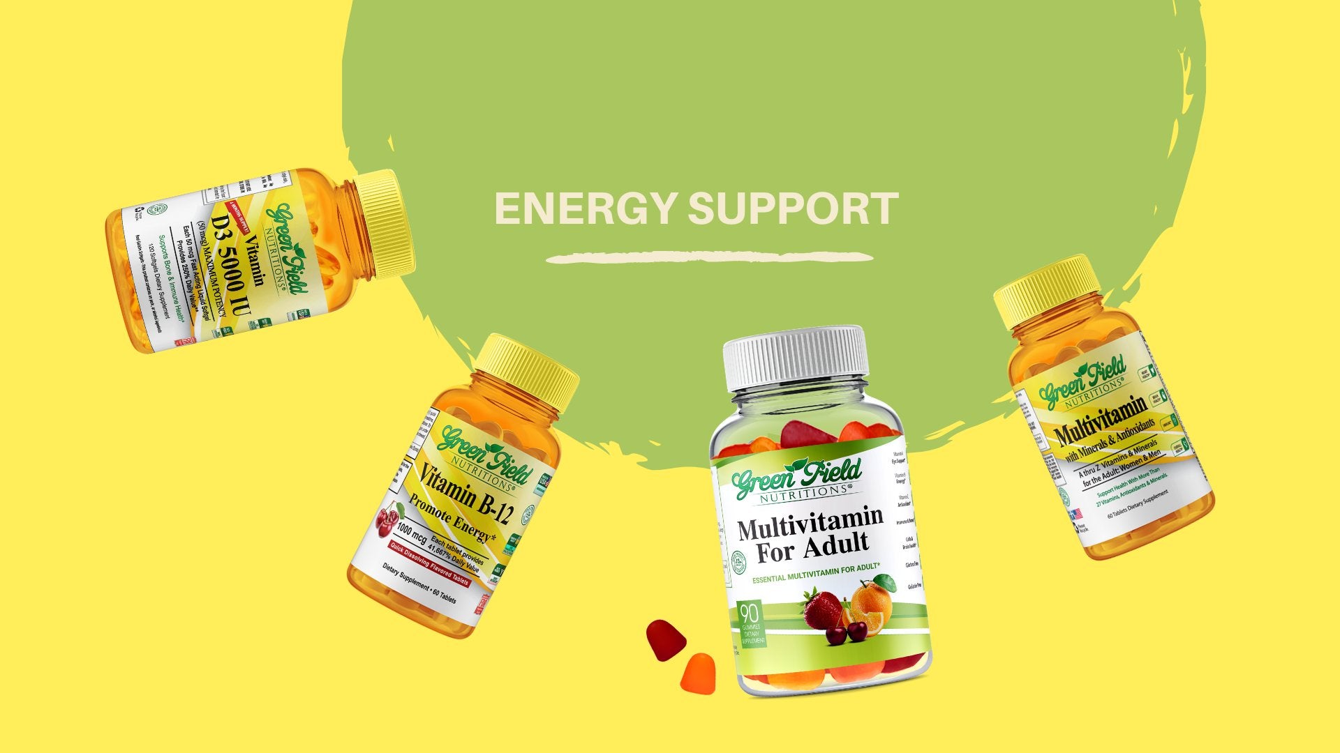 Greenfield Nutritions Halal Vitamins to Support Energy including Halal vitamin B12, Halal multivitamin for Adult, and Halal vitamin D3