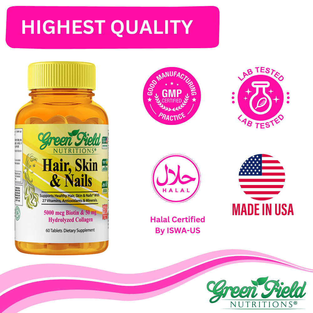 Greenfield Nutritions- Halal Biotin with multivitamin for Hair, Skin, Nails, and Mood (Bundle)