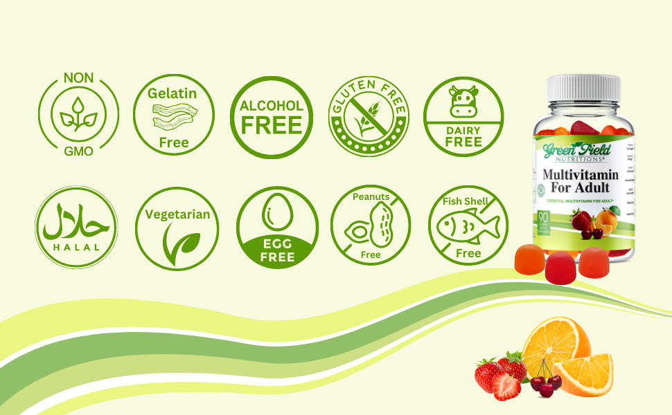 Greenfield Nutritions - Halal Gummies Multivitamins for Adult, Gelatin Free and Gluten Free, Halal Vitamins, 90 Gummies