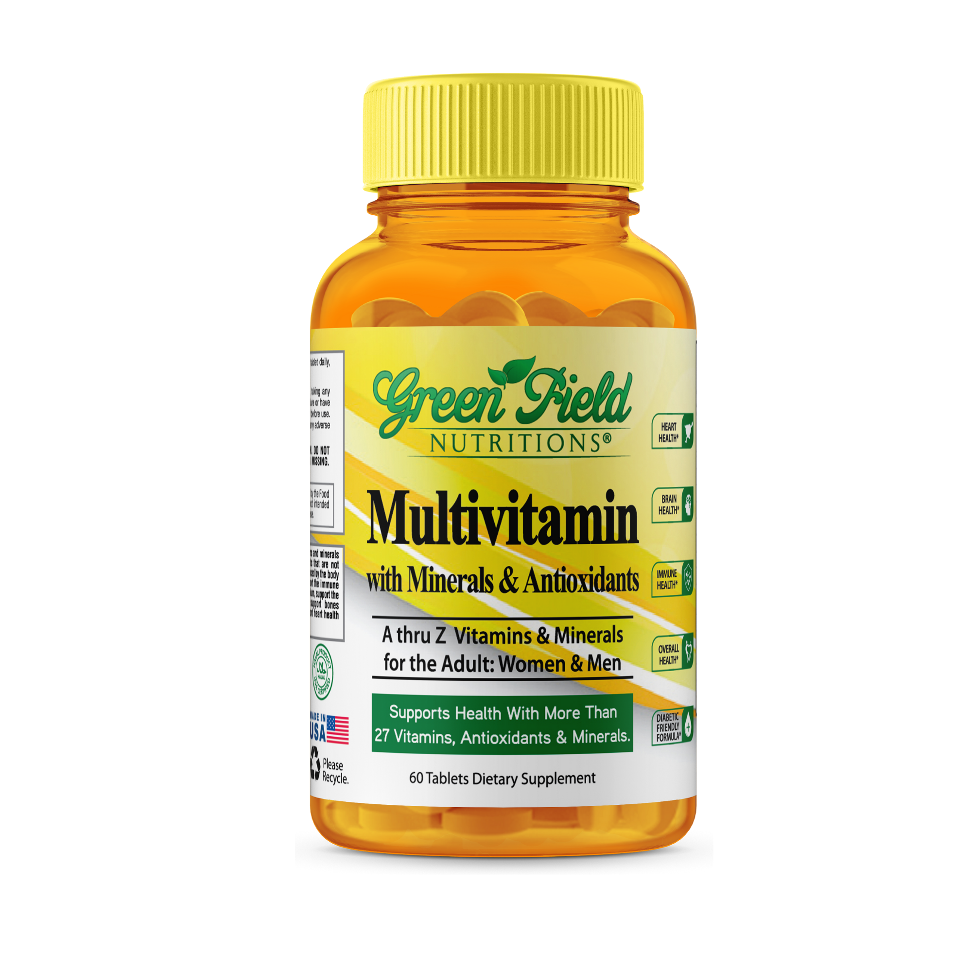 Greenfield Nutritions - Halal Multivitamin with Minerals for Women and Men (Gelatin Free) - 60 Tablets Halal Vitamins
