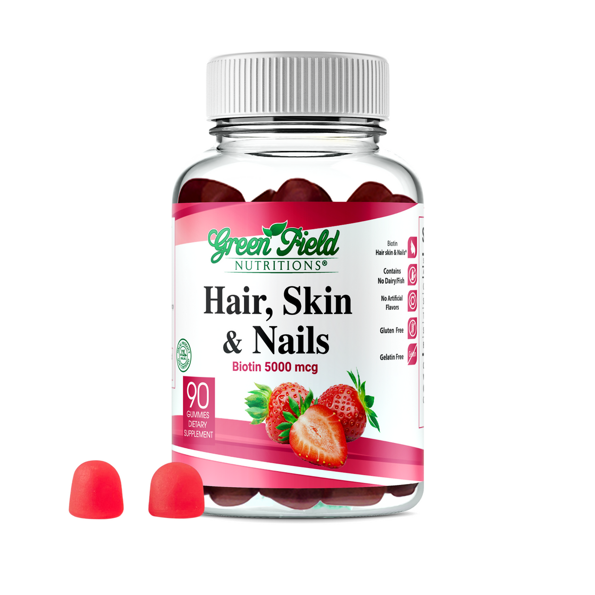 Greenfield Nutritions - Halal Biotin Gummies Hair, Skin and Nails Vitamins (5000 mcg Halal Biotin Gummy) , Gelatin Free, Non-GMO, and Gluten Free - 90 Gummies