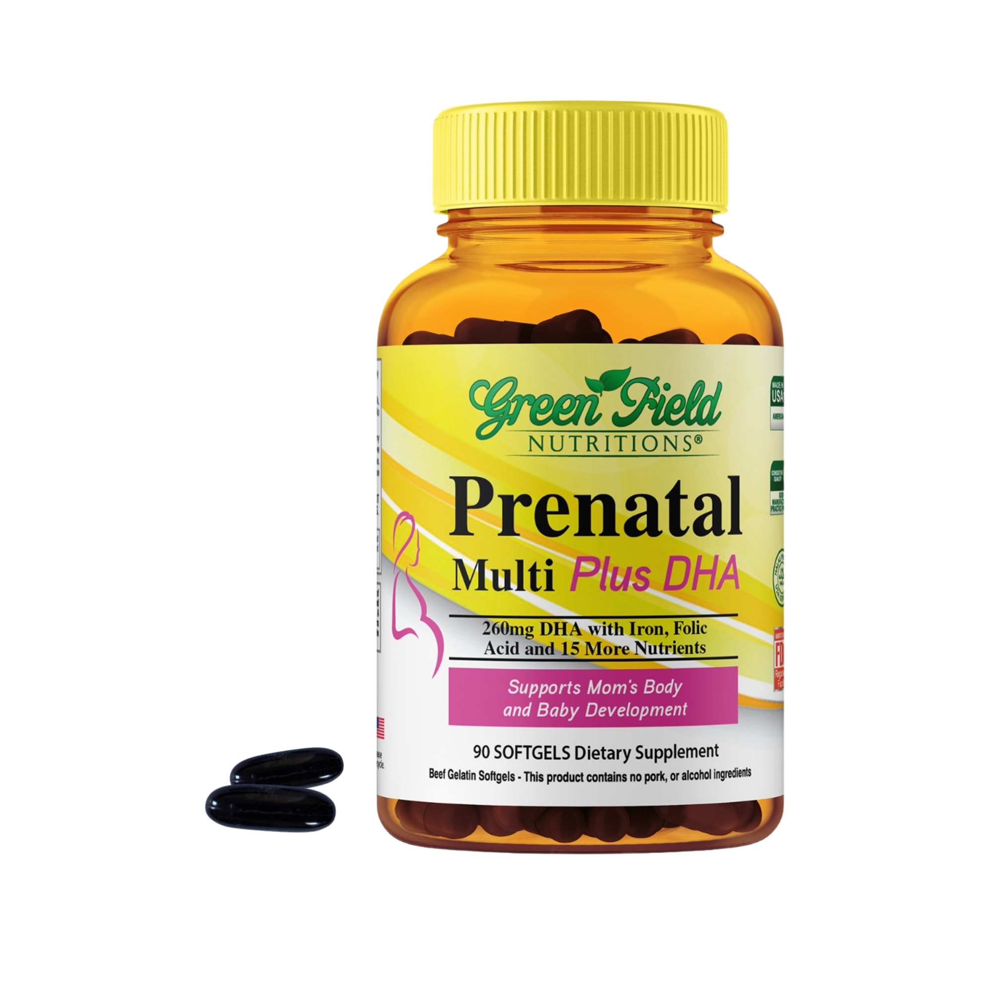 Greenfield Nutritions - Halal Prenatal with DHA, Folic Acid, Multi-vitamins with Minerals, 300mg DHA, 800 mcg Folic Acid and Iron, Easy to Swallow - 90 Liquid Soft gel