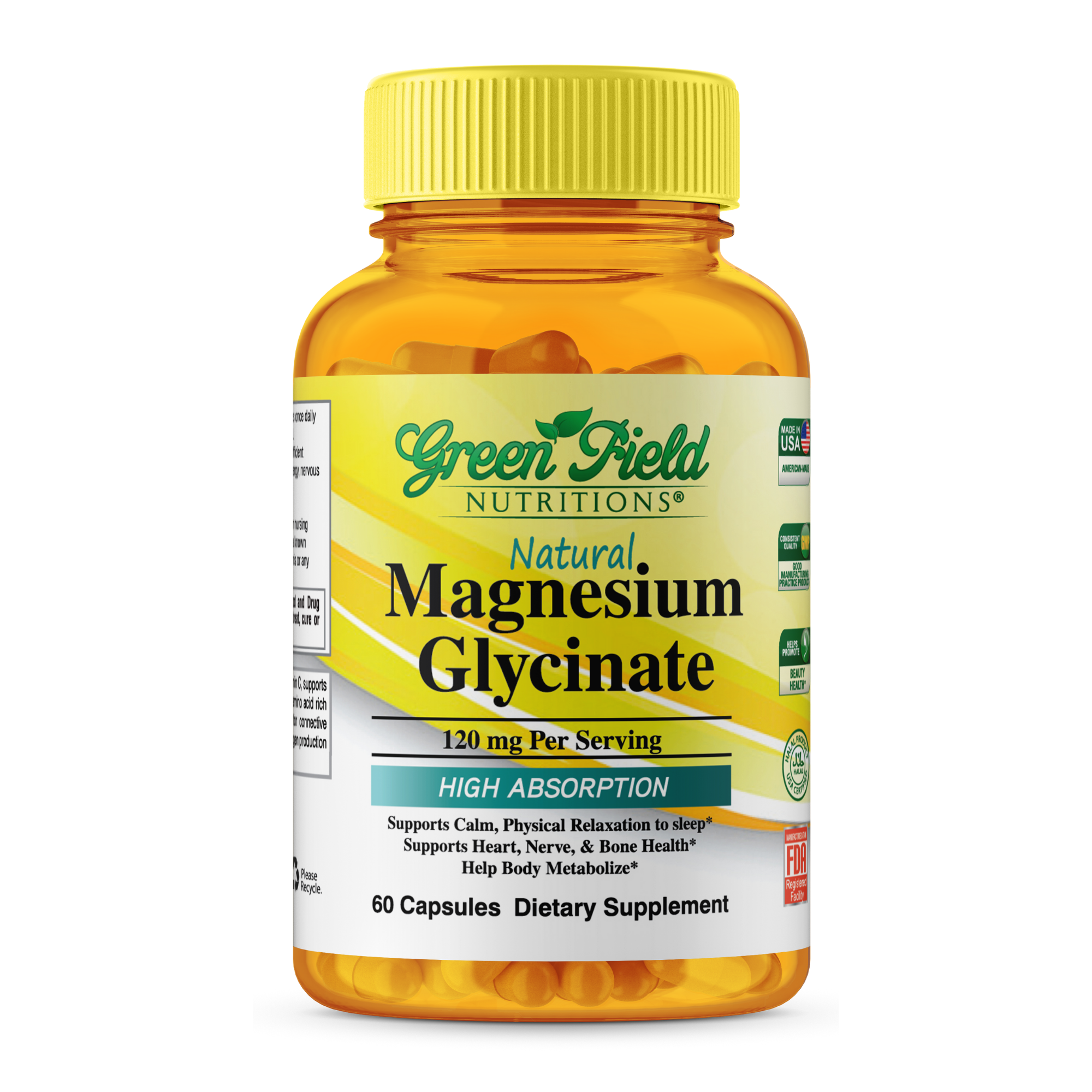 Greenfield Nutritions - Halal Magnesium Glycinate 120mg, Supports Calm, Nerve, Heart and Muscle Relaxation 60 Capsules, Halal Vitamins