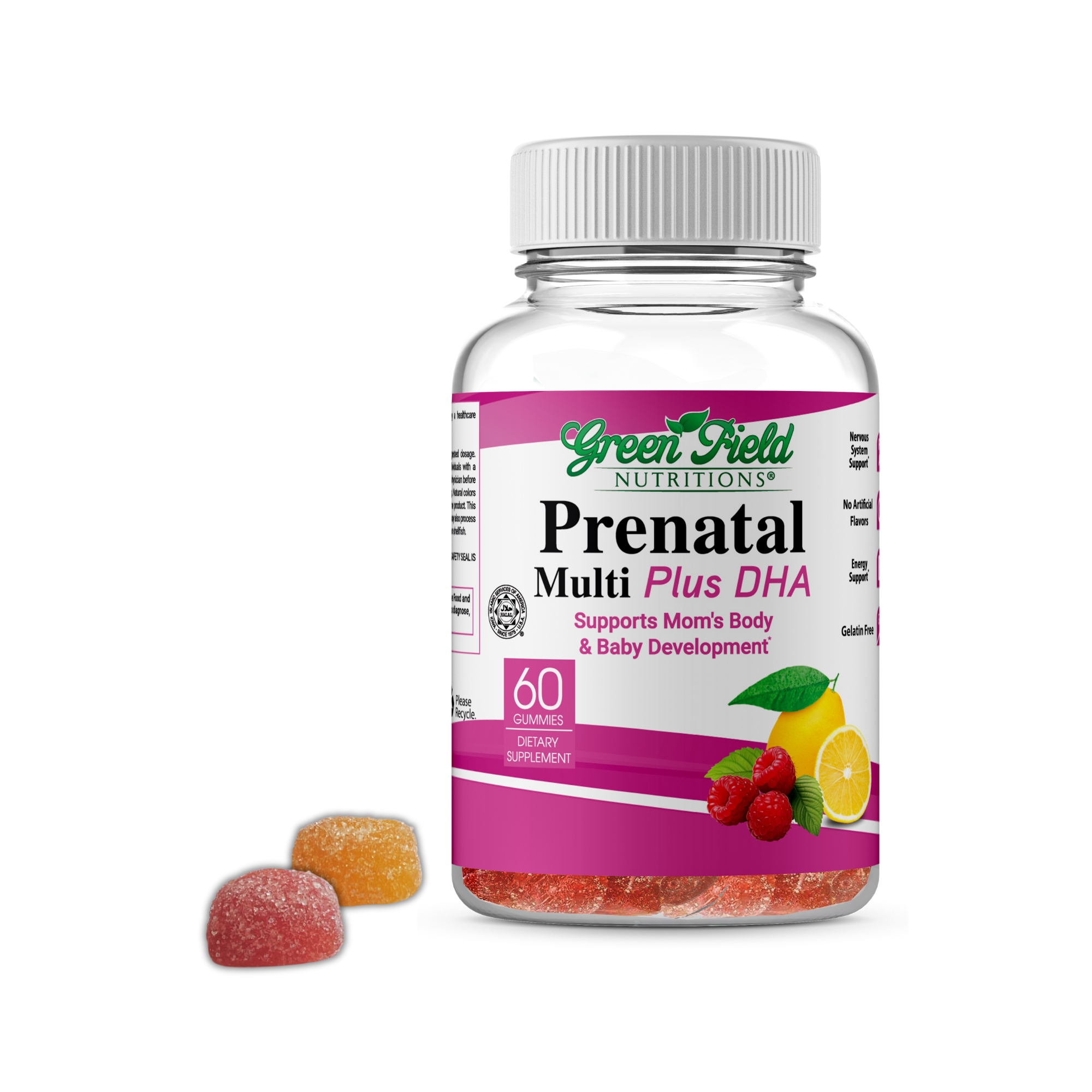 Greenfield Nutritions - Halal Prenatal Gummies with DHA, Folic Acid, Multi-vitamins with Minerals, DHA, 600 mcg Folic Acid and Iron, Easy to Swallow - 60 Gummies