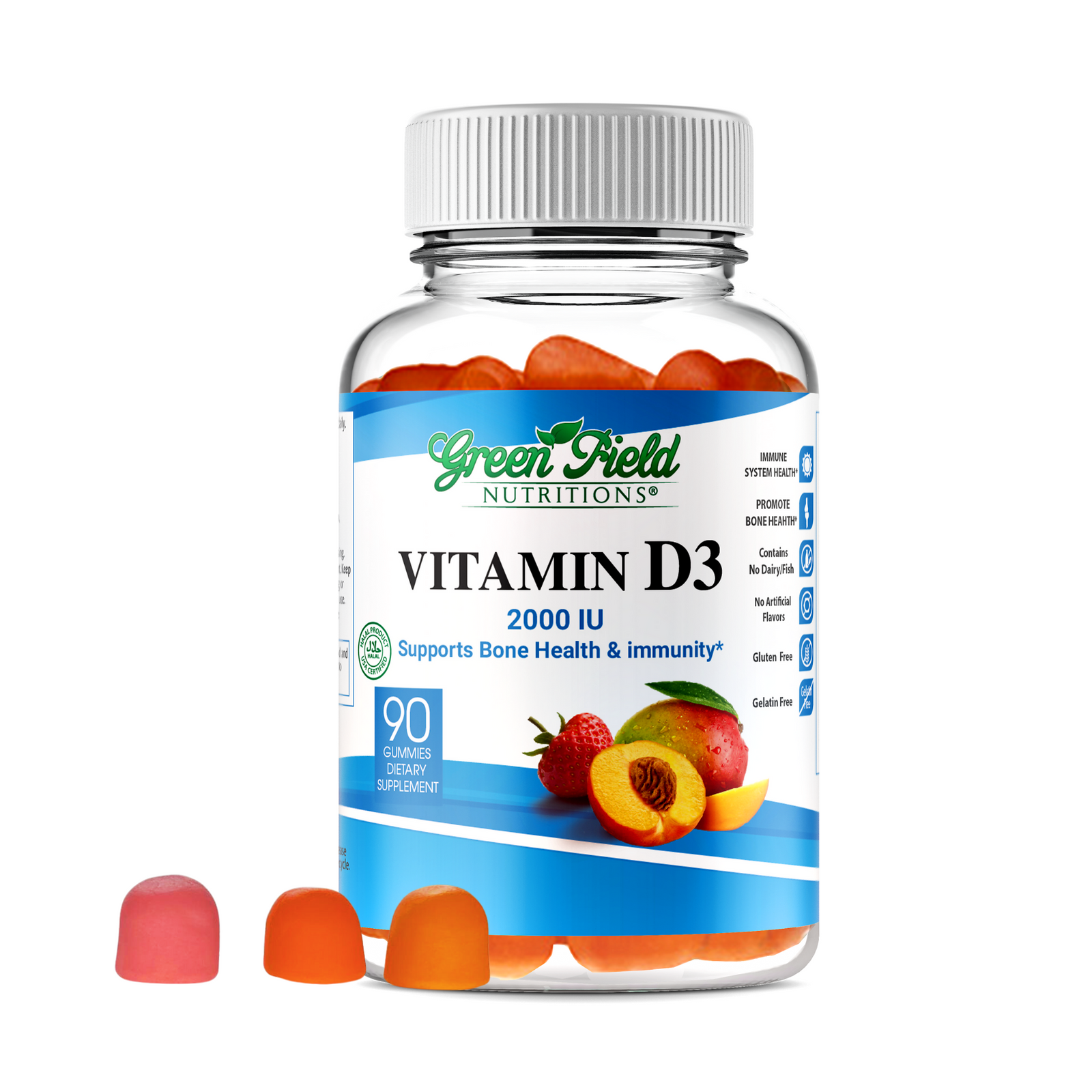 Greenfield Nutritions - Halal Vitamin D3 2000IU Gummies for Kids and Adult - Immunity and Bone Support - Gelatin Free and Gluten Free-90 Gummy