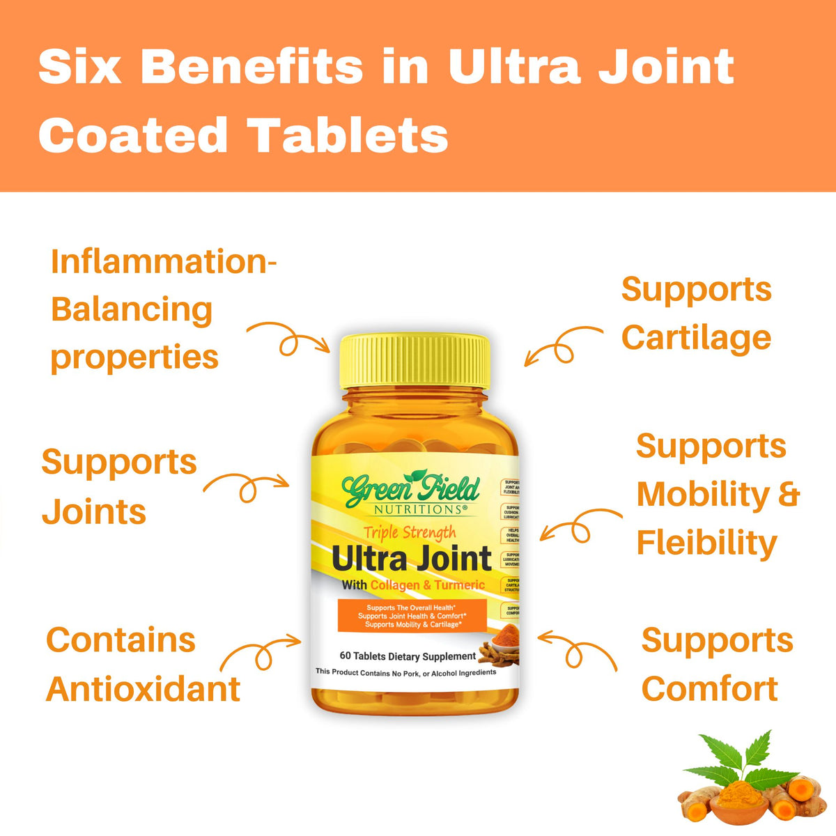 Greenfield Nutritions - Ultra Joint Formula - Halal Glucosamine Chondroitin/MSM with Turmeric for Joint Support