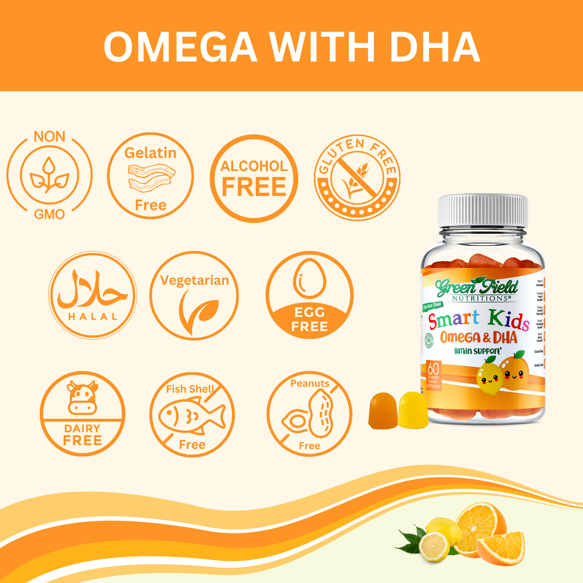 Greenfield Nutritions - Halal Omega with DHA for Kids - Support Brain Development-Gelatin Free and Gluten Free, 60 Gummies