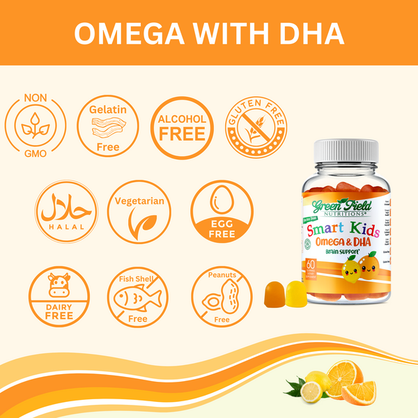 Greenfield Nutritions Halal Omega with DHA for Kids Support Brain Development Gelatin Free and Gluten Free 60 Gummies