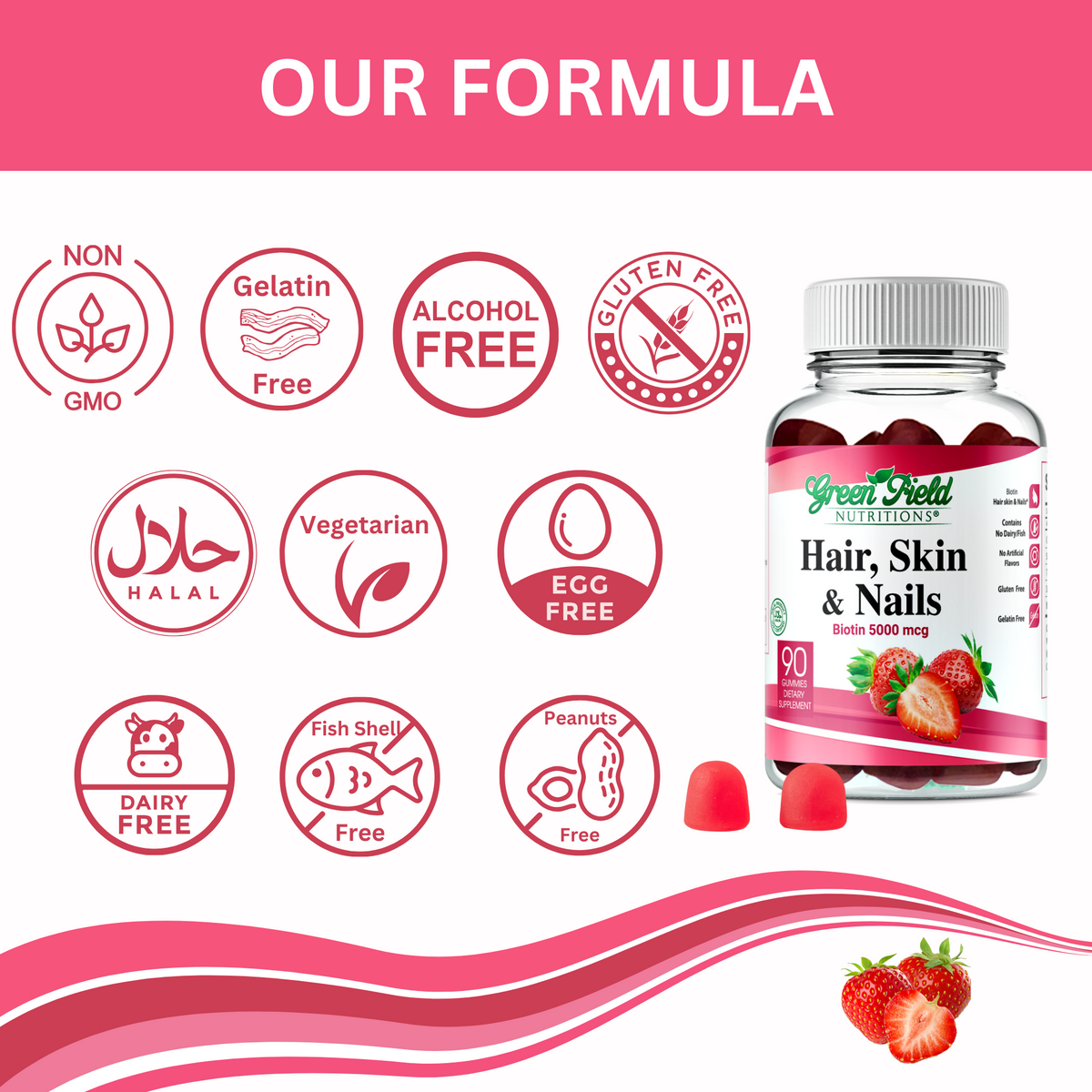 Greenfield Nutritions - Halal Gummies Hair, Skin and Nails Vitamins (5000 mcg Halal Biotin Gummy) , Gelatin Free, Non-GMO, and Gluten Free - 90 Gummies