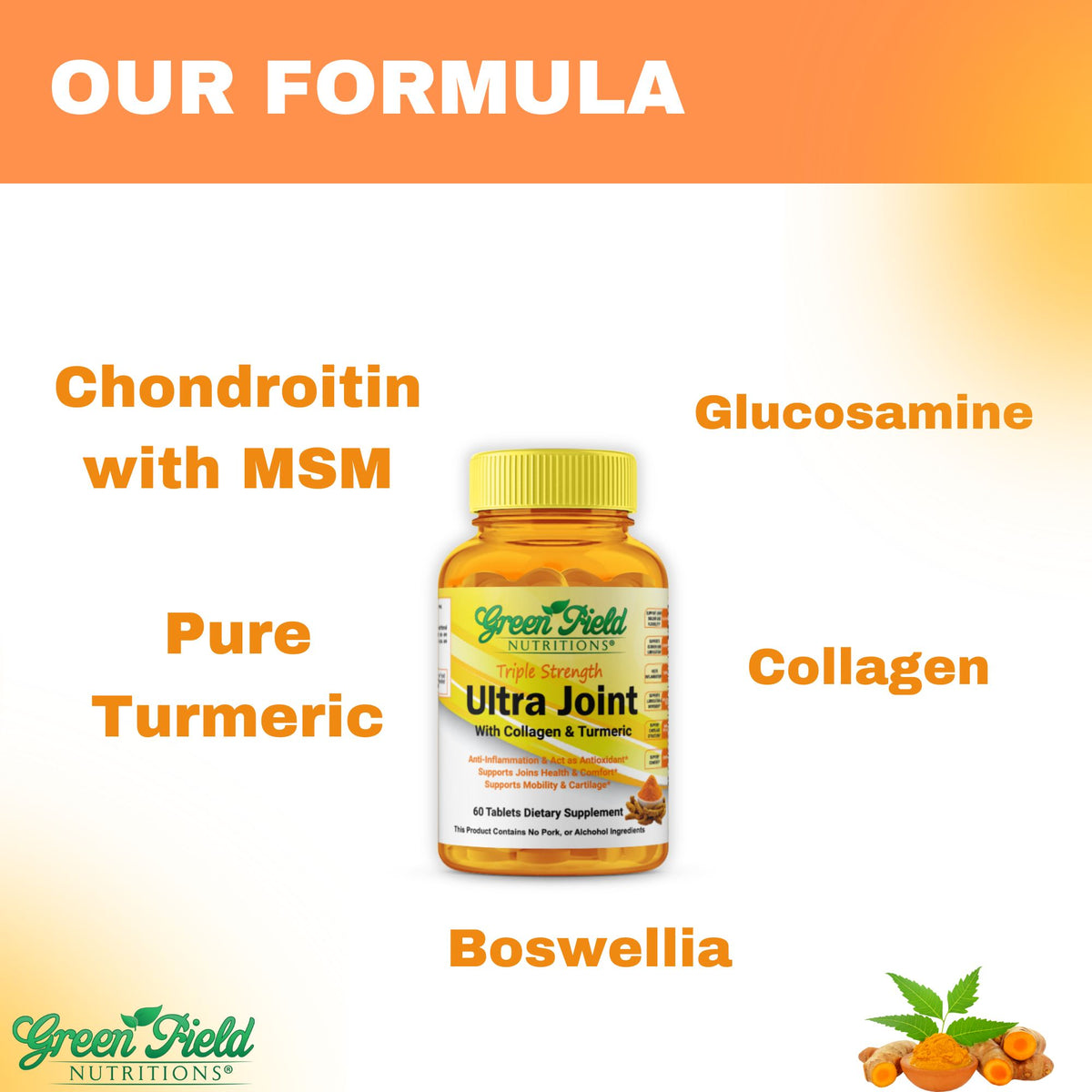 Greenfield Nutritions - Ultra Joint Formula - Halal Glucosamine Chondroitin/MSM with Turmeric for Joint Support
