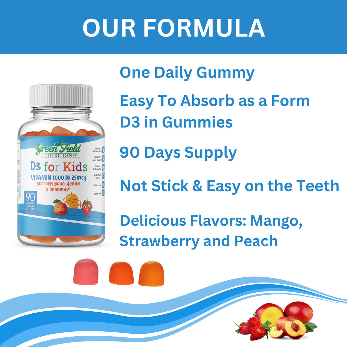 Greenfield Nutritions - Halal Vitamin D3 for Kids 1000IU (25 mcg) Gummies - Gelatin Free and Gluten Free-90 Gummy