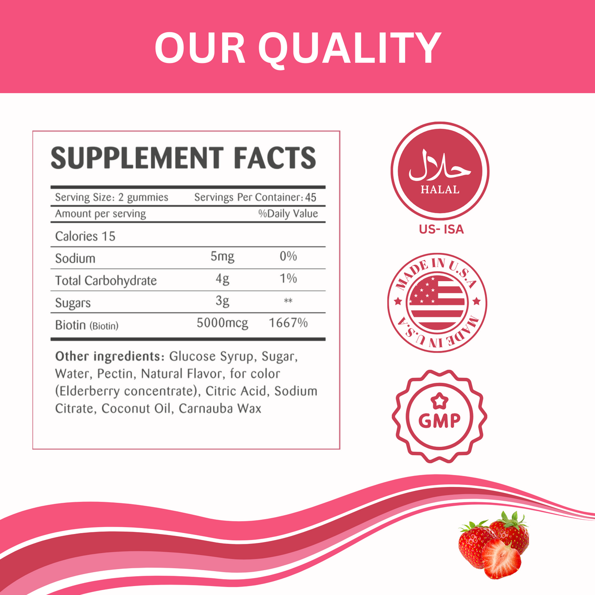 Greenfield Nutritions - Halal Gummies Hair, Skin and Nails Vitamins (5000 mcg Halal Biotin Gummy) , Gelatin Free, Non-GMO, and Gluten Free - 90 Gummies