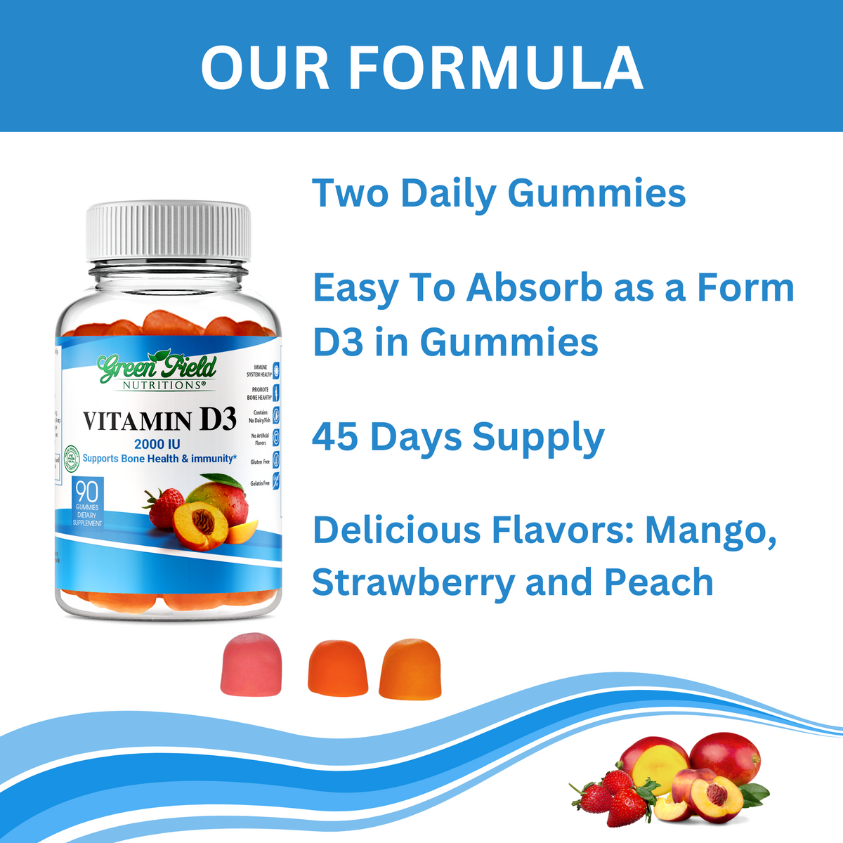 Greenfield Nutritions - Halal Vitamin D3 2000IU Gummies for Kids and Adult - Immunity and Bone Support - Gelatin Free and Gluten Free-90 Gummy