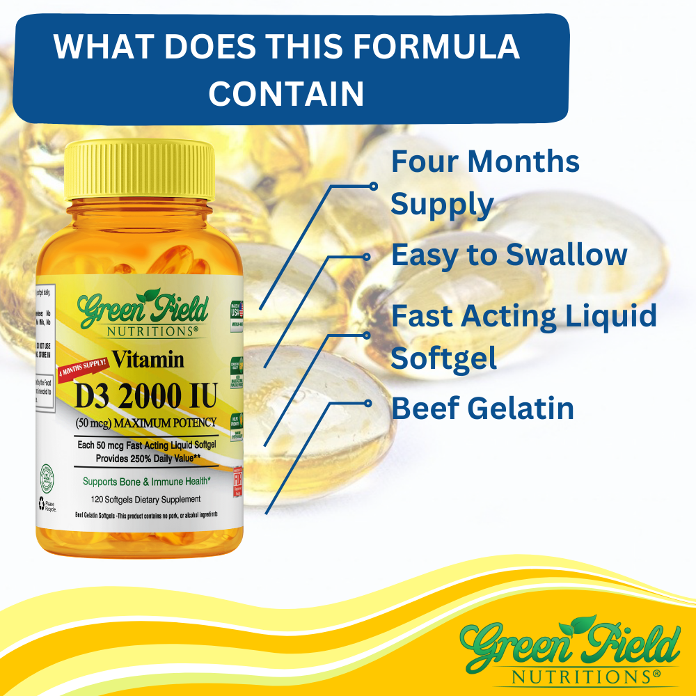 Greenfield Nutritions - Halal Gelatin free vitamins D3 2000 IU - Immunity and Bone Supports - 120 Softgels - Halal Beef Gelatin