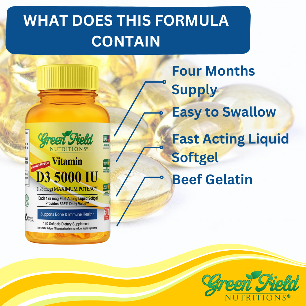 Greenfield Nutritions - Halal Vitamin D3 5000 IU - Immunity and Bone Supports - 120 Softgels - Halal Beef Gelatin