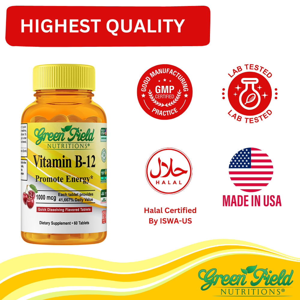 Greenfield Nutritions - Halal B12 1000 mcg Vitamin, 60 Sublingual Tablets, Fast Absorption