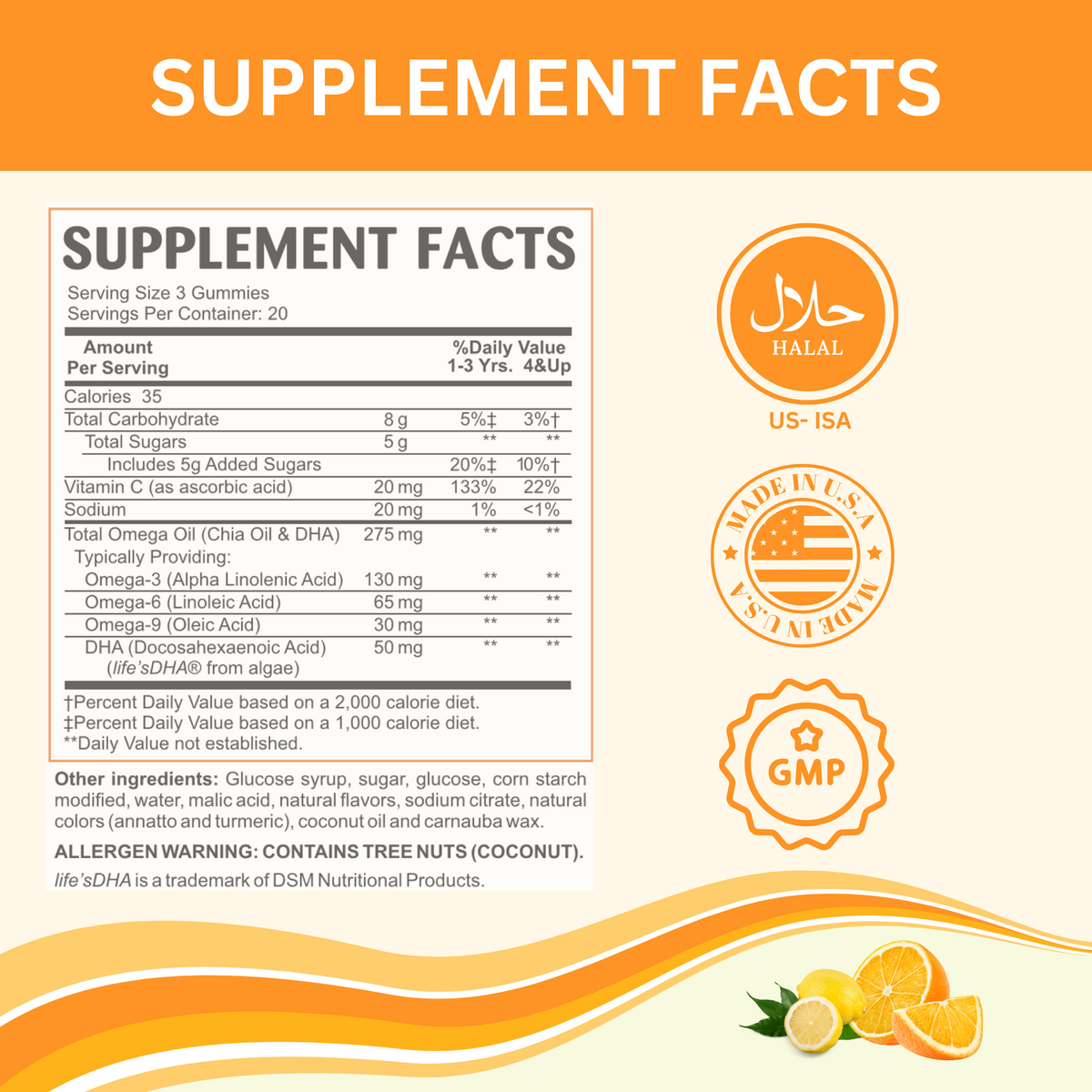 Greenfield Nutritions - Halal Omega with DHA for Kids - Support Brain Development-Gelatin Free and Gluten Free, 60 Gummies