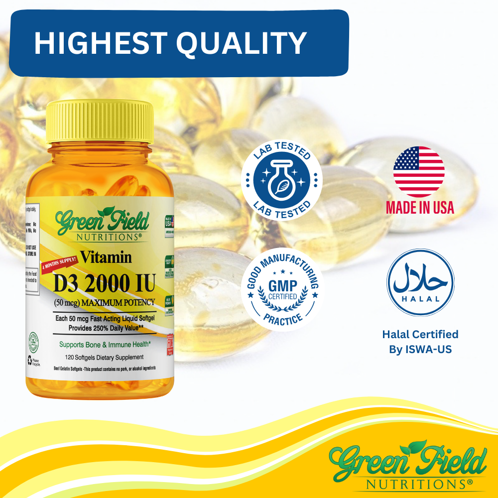 Greenfield Nutritions - Halal Gelatin free vitamins D3 2000 IU - Immunity and Bone Supports - 120 Softgels - Halal Beef Gelatin