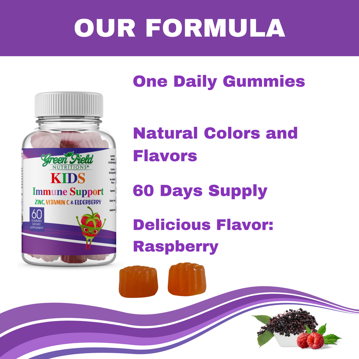 Greenfield Nutritions - Halal Immune System Support for Kids Contains Elderberry with Vitamin C and Zinc, 90 Count