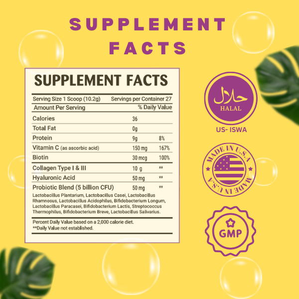 Halal Collagen Powder with Probiotic, Biotin, Hyaluronic Acid &amp; Vitamin C