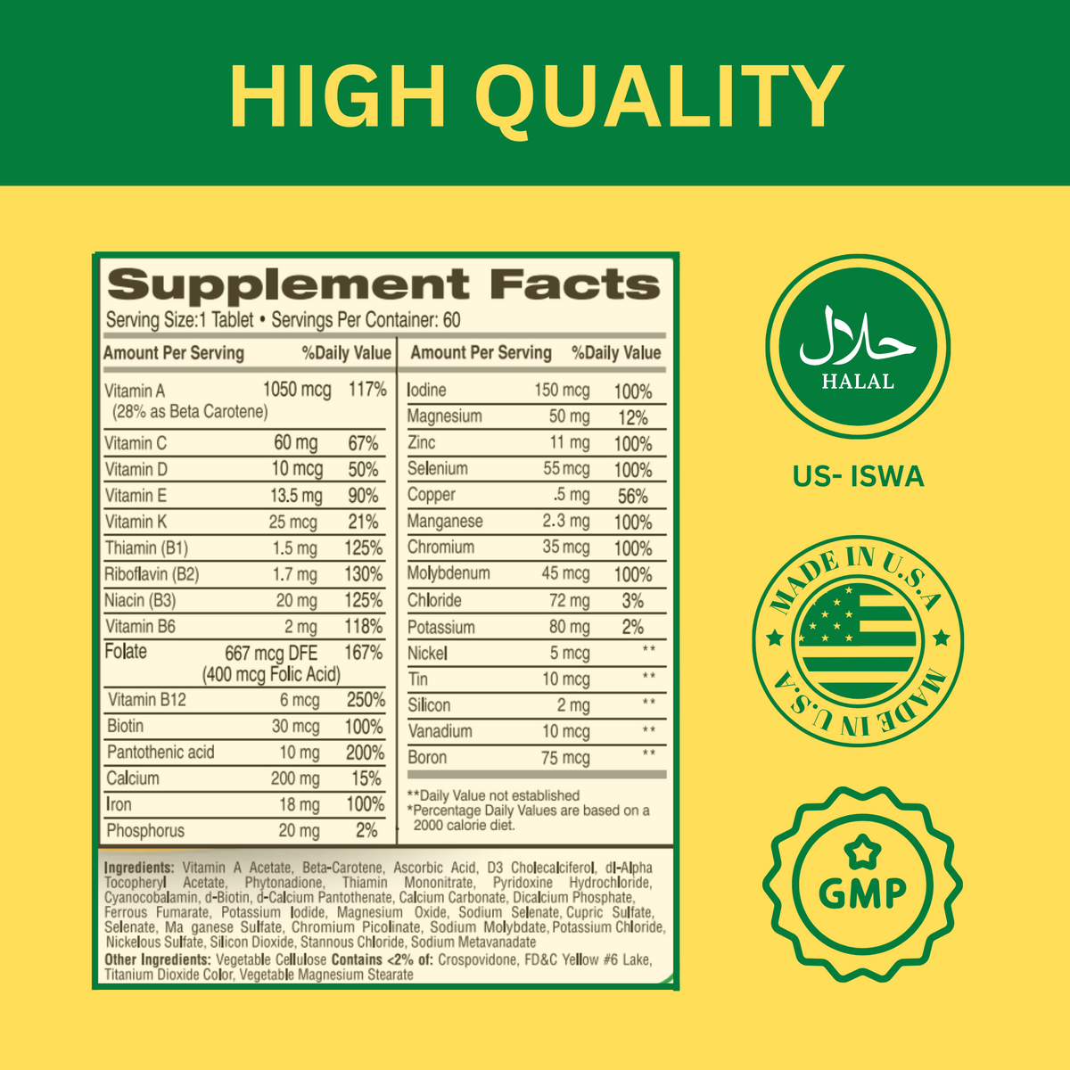 Greenfield Nutritions - Family Offer - Halal Multivitamin with Minerals for Women and Men Adult (Gelatin Free) Contains More Than 27 Halal vitamins in 60 Coated Tablets