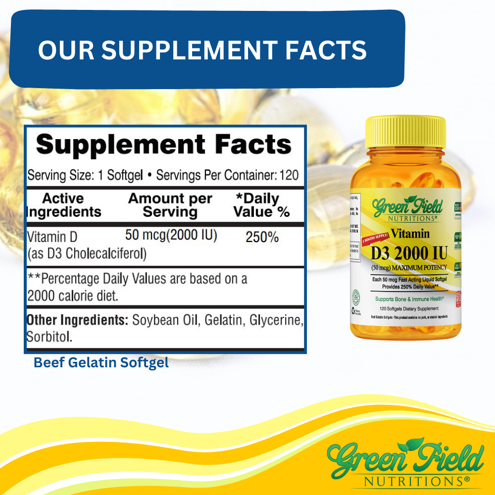 Greenfield Nutritions - Halal Gelatin free vitamins D3 2000 IU - Immunity and Bone Supports - 120 Softgels - Halal Beef Gelatin