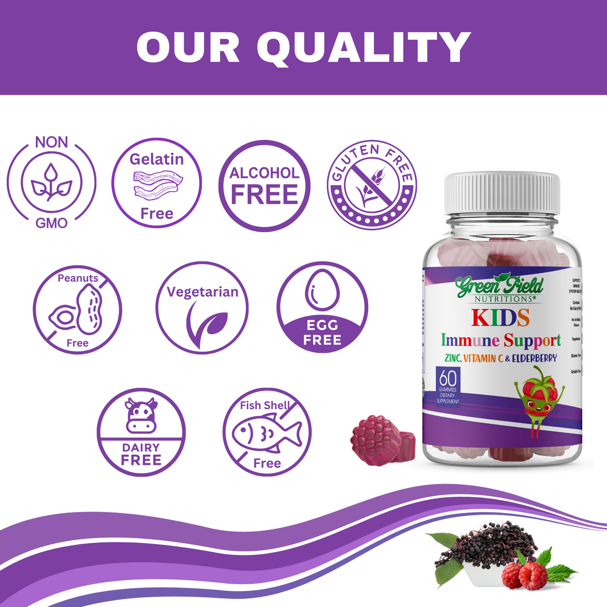 Greenfield Nutritions - Halal Immune System Support for Kids Contains Elderberry with Vitamin C and Zinc, 90 Count