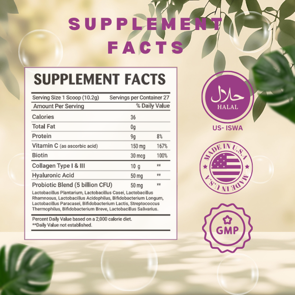 Halal Collagen Powder with Probiotic, Biotin, Hyaluronic Acid &amp; Vitamin C