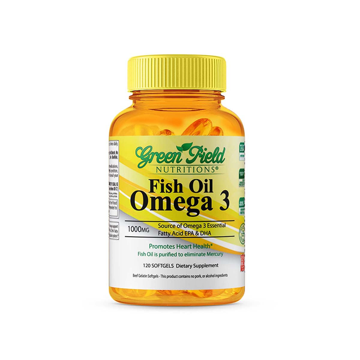 Greenfield Nutritions - Halal Fish Oil 1000mg, 120 Softgels, Omega 3 300mg - Contains 180mg EPA and 120mg DHA, Halal Vitamins Made from Halal Gelatin
