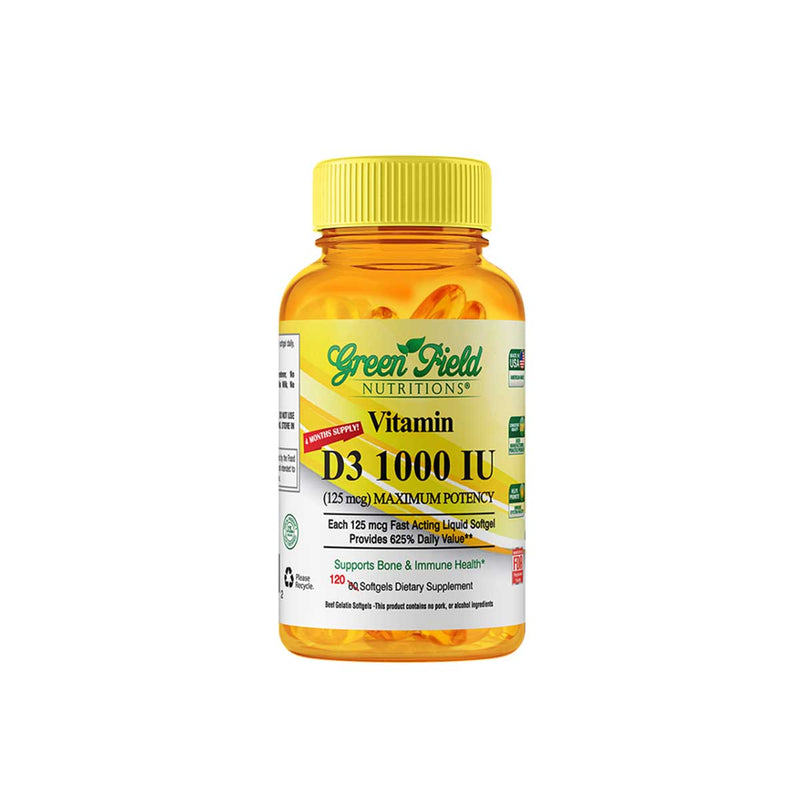 Greenfield Nutritions - Halal vitamins D3 1000 IU - Immunity and Bone Supports - 120 Softgels - Halal Beef Gelatin
