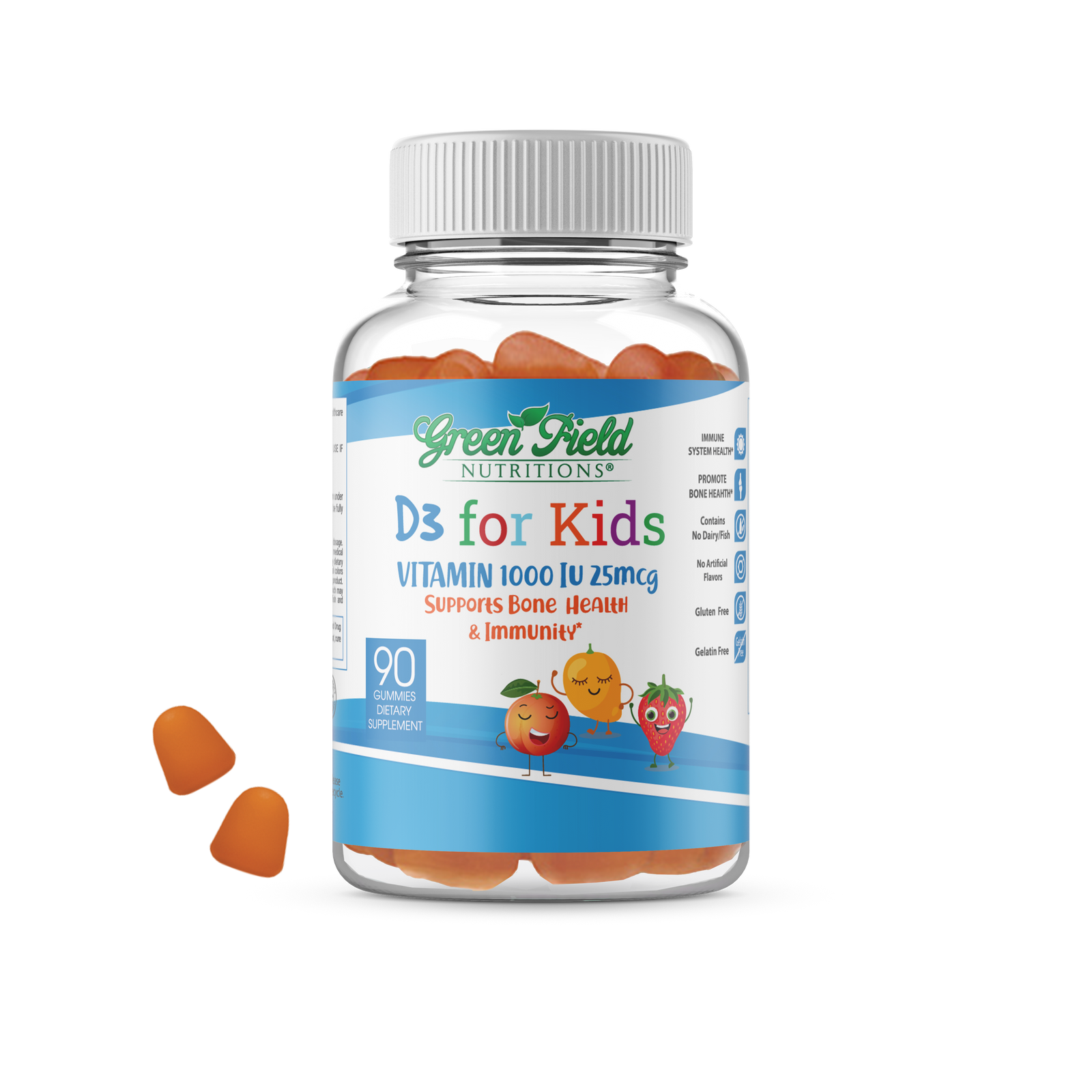 Greenfield Nutritions - Halal Vitamin D3 for Kids 1000IU (25 mcg) Gummies - Gelatin Free and Gluten Free-90 Gummy