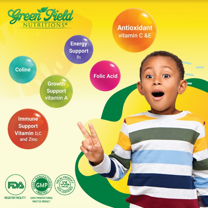 Greenfield Nutritions -Halal Gummies Vitamins for Kids, Gummy Multivitamin (Bears), Vitamin C, D3, and Zinc for Immunity, B6 & Methyl B12 for Energy- Gelatin Free and Gluten Free-90 Gummies