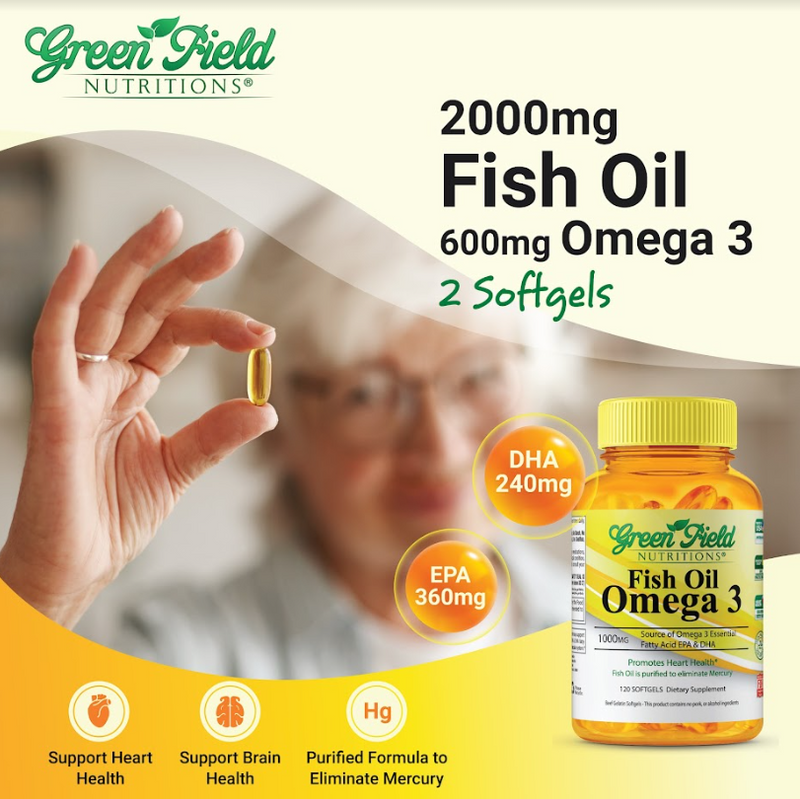 Greenfield Nutritions - Halal Fish Oil 1000mg, 120 Softgels, Omega 3 300mg - Contains 180mg EPA and 120mg DHA, Halal Vitamins Made from Halal Gelatin