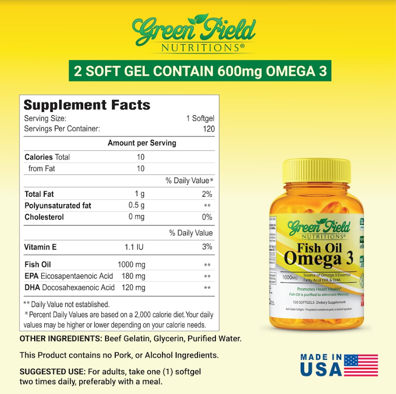 Greenfield Nutritions Halal Fish Oil 1000mg 120 Softgels Omega 3 3